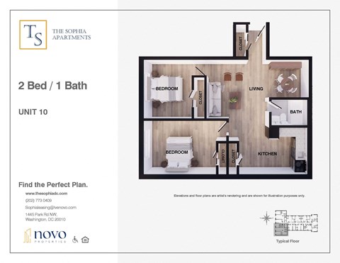 A drawing of a 2 Bed/1 Bath apartment unit with a detailed floor plan.